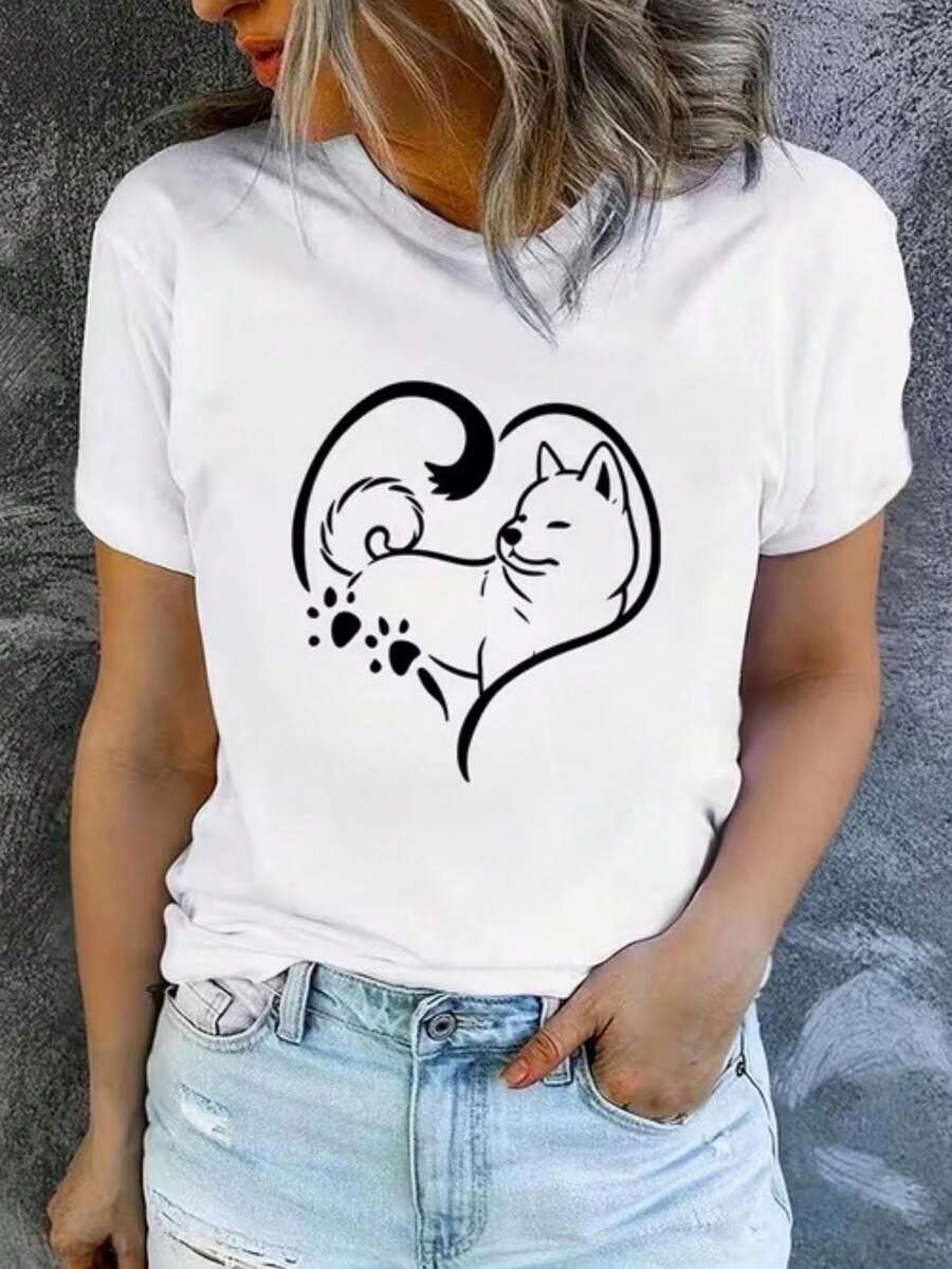 Casual Round Neck T-Shirt, Plus Size T-Shirt For Women, Printed T-Shirt For Women, Printed With A Cute Shiba Inu Heart Shape With Paws - Fun Print, Machine Washable, Casual And Versatile, Loose And Comfortable, A Perfect Gift For A Good Friend. - 白色 - 查看 1