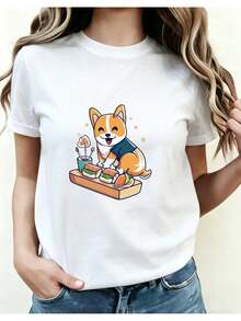 Women's Creative T-Shirt With Dog And Sushi Graphic Print, Short Sleeve, Round Neck, Casual Summer Outdoor Wear01Women's Round Neck Printed T-Shirt For All Seasons - 白色 - 查看 7