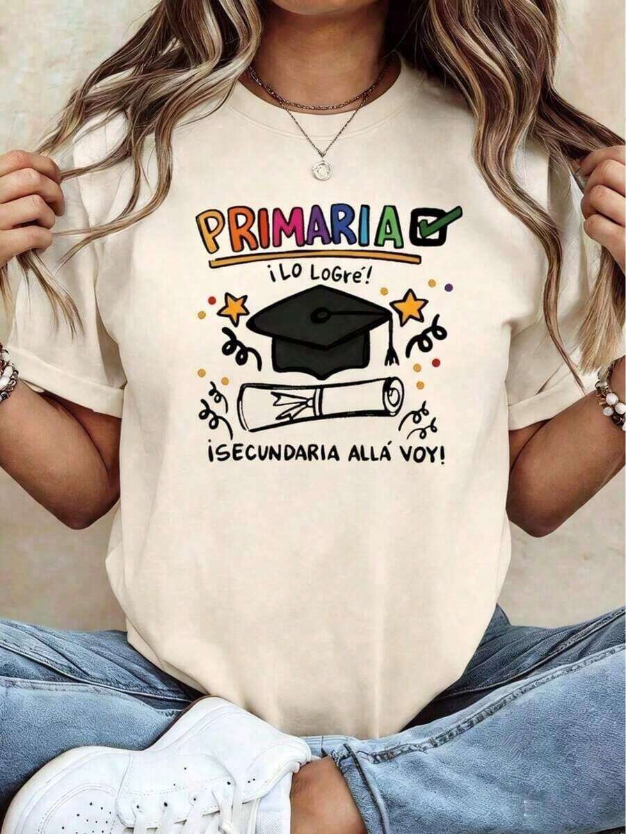 Women's Clothing 1pc Soft Fabric 100% Women's Spring/Summer T-Shirt With Graduation Theme Print "ELEMENTARY SCHOOL I DID IT", Suitable For Elementary School Graduation Photoshoots, Graduation Parties, Graduation Ceremonies, And Commemorative Graduation Season Outfits. Short Sleeves, Can Be Worn For Everyday Wear. High Quality 100% Cotton Women's Shirts - 杏色 - 查看 1