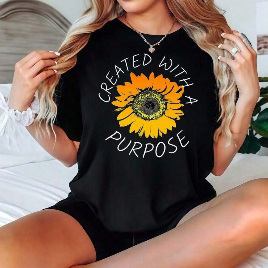2026 Black Short Sleeve T-Shirt With Sunflower Print And Purposeful Design, Casual Clothing, Casual Blouses For Women - 黑色 - 查看 1