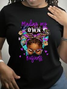 Plus Size T-Shirt - Women's T-Shirt With Fun Print - Casual Short Sleeve Crew Neck T-Shirt, Loose Fit, Machine Washable For All Seasons Comfort, Durable Print, Suitable For Christmas, Valentine's Day And Other Holiday Gifts, Shipped From Local Warehouse. - 黑色 - 查看 1
