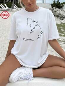 Camiseta inspiradora para mujeres con arte lineal de gato y flor - Top de cuello redondo - Diseño ligero y casual de primavera/verano con fantasía y cita distintiva - Lavable a máquina, cómoda para el uso diario - Blanco - Ver 2