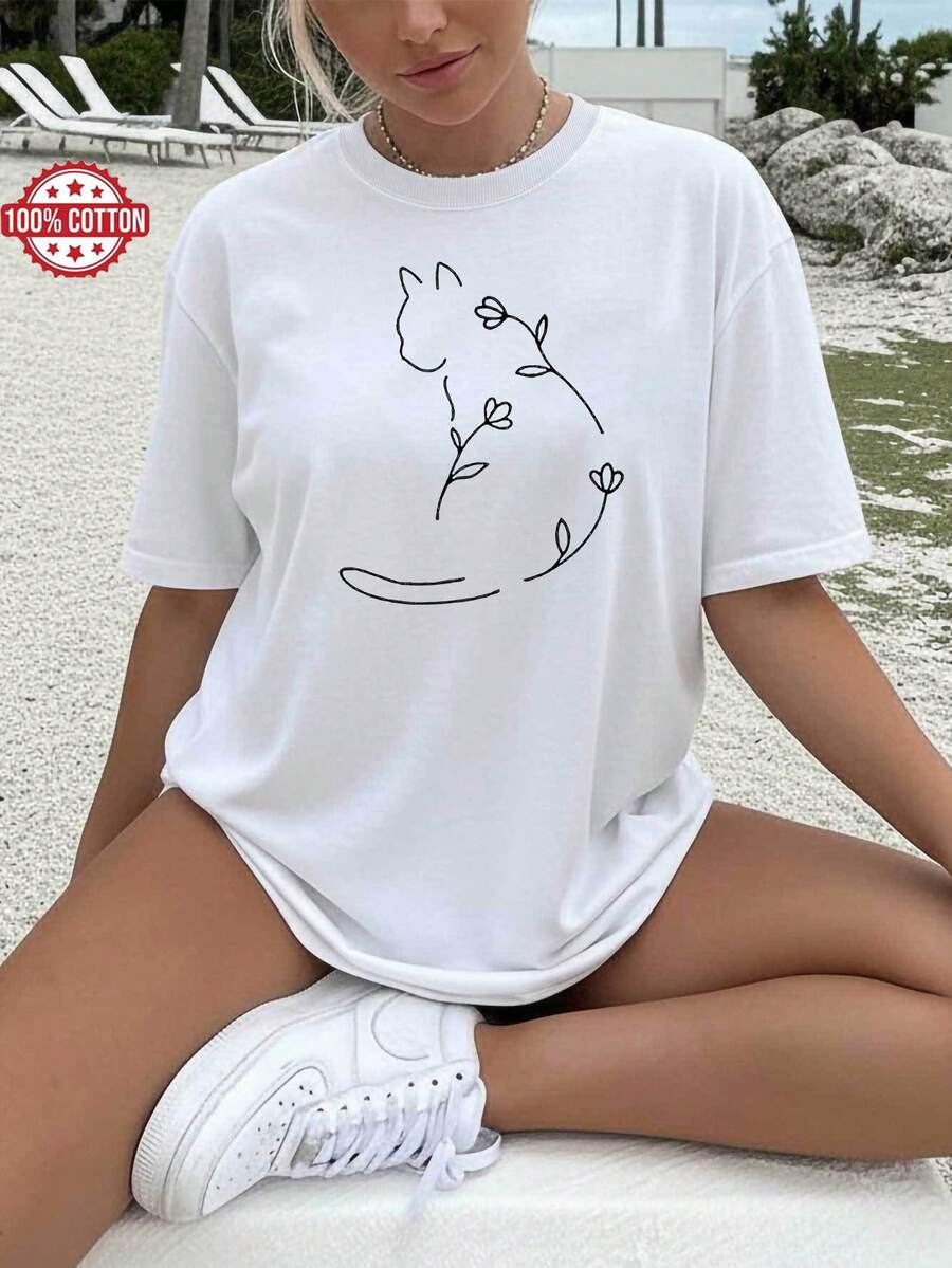 Camiseta inspiradora para mujeres con arte lineal de gato y flor - Top de cuello redondo - Diseño ligero y casual de primavera/verano con fantasía y cita distintiva - Lavable a máquina, cómoda para el uso diario