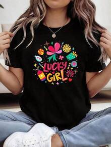 1 Camiseta , Lucky Lucky Camiseta de para mujer - Blusa de manga corta y cuello redondo con estampado Lucky, top elegante de línea especial para primavera veranoblusas para mujer playeras de mujer vestidos casuales para mujer y2k playeras deportivas para mujer verano camisetas ropa de mujer Fashion Perfect For Daily - Negro - Ver 6