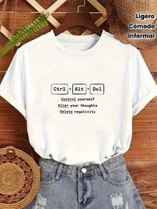 Camiseta casual para mujer con estampado "Ctrl+Alt+Del" - Manga corta, cuello redondo, ligera y el£stica, diseo "Controla tus acciones, altera tus pensamientos, elimina la negatividad" para todas las estaciones, ajuste relajado, camiseta de uso diario | Camiseta gr£fica juguetona | Ajuste cmodo - Blanco - Ver 2