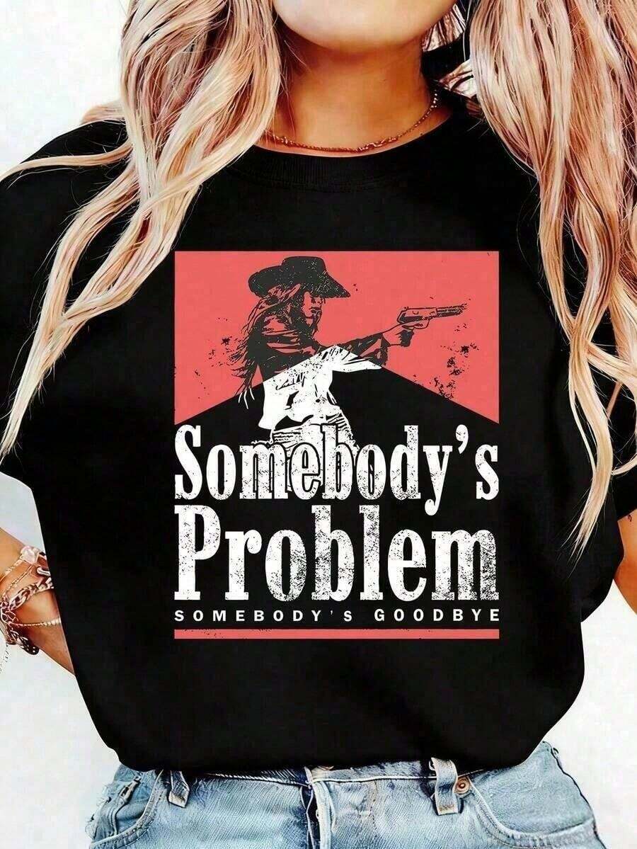 1 Piece Vintage Graphic T-Shirt 100% Cotton - Cowboy Style Rodeo T-Shirts "Somebody's Problem, Somebody's Goodbye", Retro Casual Cotton Short Sleeve T-Shirts For Women And Men, Casual Daily Wear, 180g - Women's Summer Graphic Letter Print T-Shirts. - 黑色 - 查看 1