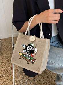 休闲亚麻手提包套装，卡通台球印花，大容量纽扣手提包，包含手提包和零钱包，复古街头风休闲单肩包，适合购物、上学、旅行和日常通勤，返校必备，完美的节日礼物、生日礼物、派对礼物、度假礼物。 - 彩色 - 查看 4