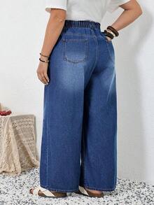 Tall CURVE Pantalones vaqueros de talla grande para mujer de primavera y verano con cintura con cordón, bolsillos, pierna ancha, sueltos, cómodos, elásticos y de tela vaquera con estiramiento - Azul lavado oscuro - Ver 2