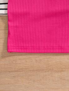 Conjunto de 3 piezas para niñas preadolescentes, vestido ajustado sin mangas con cuello halter de unicolor y textura acanalada - Rosa Fucsia - Ver 4