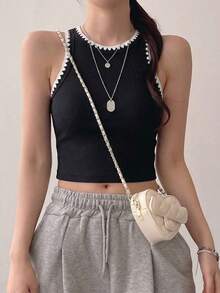 Top corto de tirantes de unicolor casual para mujer - Negro - Ver 5