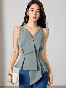 Blusa sin mangas para mujer de unicolor con cuello en V y dobladillo asimétrico para el verano, diseño elegante, blusas sin mangas - Azul - Ver 1