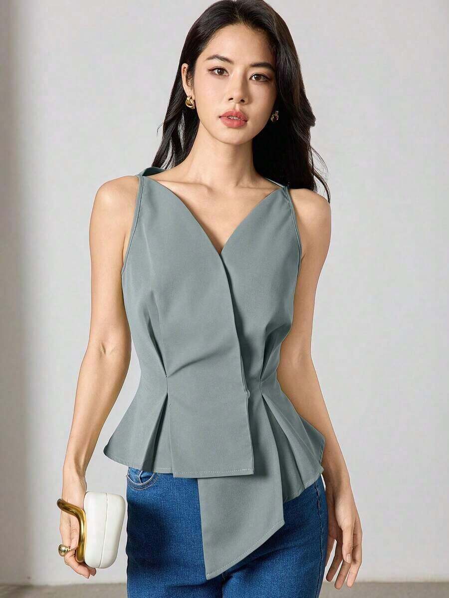 Blusa sin mangas para mujer de unicolor con cuello en V y dobladillo asimétrico para el verano, diseño elegante, blusas sin mangas - Azul - Ver 1