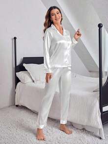 Moireta Conjunto de pijama de top de satén con cuello de solapa y botones con ribete de contraste y pantalones, detalles acogedores y elegantes, ropa de otoño e invierno - Blanco - Ver 6