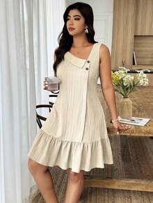 Vestido corto sin mangas de línea A con cuello asimétrico, botones, tela texturizada y volante en el bajo, para mujer de talla grande, ropa casual de resort para primavera/verano - Albaricoque - Ver 3