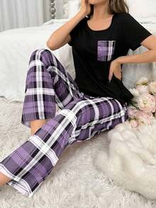 Conjunto De Pijama De Cuadros Para Mujer - Morado - Ver 7