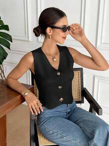 Blusa de punto de un solo pecho de unicolor y versátil para uso diario de las mujeres - Negro - Ver 6