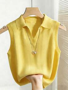 Chaleco de punto casual y elegante con cuello y rayas para mujer - Amarillo - Ver 1