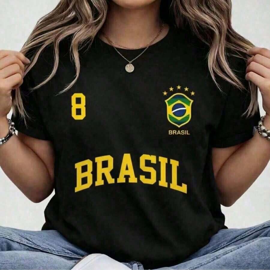 Women's Brazil Hexa T-Shirt 100% Premium Cotton Casual Women's Blouse Brazil Football Casual Premium Cotton Women's Brazilian National Team Summer Premium Cotton - 黑色 - 查看 1
