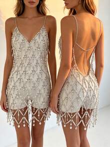 ZHENGHEN Handmade Exquisite Crystal & Pearl Body Chain Dress, Delicate Hand-Strung Rhinestone Mesh Mini Dress, Festival Rave Statement Jewelry - Silver - View 3