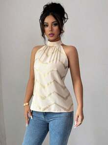 Blusa elegante y casual con estampado, de hombros descubiertos y sin mangas para mujer - Albaricoque - Ver 4