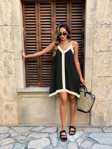 Vestido casual de tirantes finos para vacaciones - Negro - Ver 7