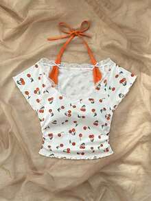 Camisa de verano casual de vuelta al colegio con cuello de encaje vintage estampado de cerezas rojas y blancas, diseño de contrastes y lazo decorativo, estilo ballet, 2 en 1 para mujer - Naranja - Ver 5
