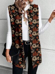 Chaqueta regular de mujer con estampado floral y de hojas retro y elegante, adecuada para otoño/invierno, apropiada para salidas y viajes, informal - Multicolor 3 - Ver 7