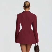 Vestido blazer de manga larga, corte ajustado, color sólido, estilo casual de otoño, diseño de bolsillos falsos en copa - Burdeos - Ver 3
