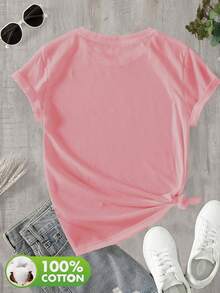 100% Knit Garment, Soft And Gentle On The Skin, Breathable And Moisture-Wicking, Comfortable And Sweat-Resistant. Printed With A Sleeping Sloth Cat And A Heart Pattern, Creating A Gentle Atmosphere. Short-Sleeved Design With A Round Neck, Modern And Versatile -8656 - 粉色 - 查看 3