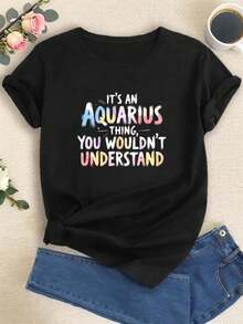 Women'S Zodiac Graphic Tee - It'S An For Aquarius Thing Saying| Stretchy Crew Neck Shirt - Dark Grey Casual Everyday Top - Machine Washable Astrology Apparel For Aquarius Women - Springfall Summer Outfits, Playful Design, Medium Stretch Fabric - 彩色 - 查看 2