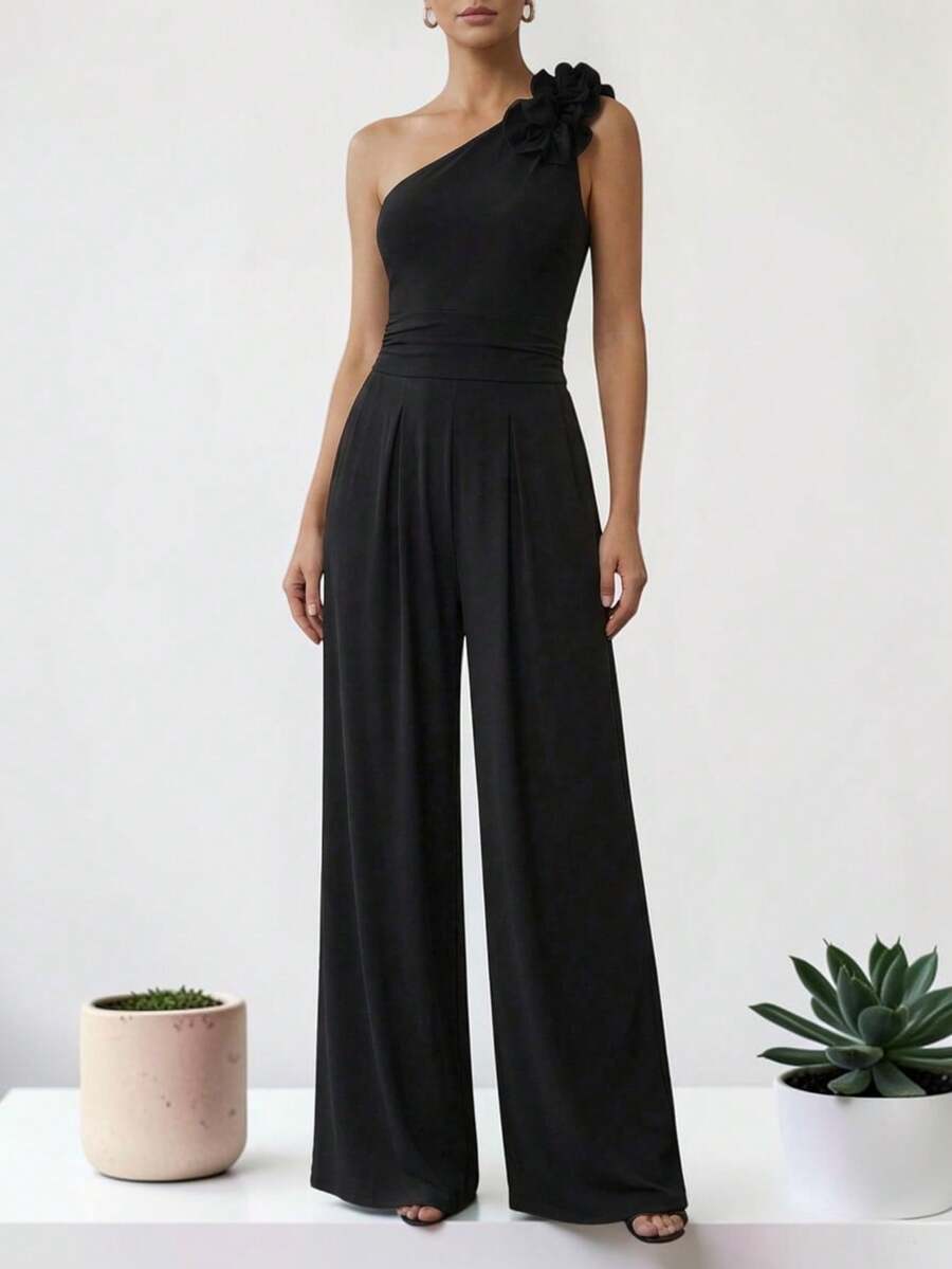 Women's Elegant One-Shoulder Palazzo Jumpsuit Dress, Long Jumpsuit, Formal Outfit For Party, Wedding, Graduation - 黑色 - 查看 1