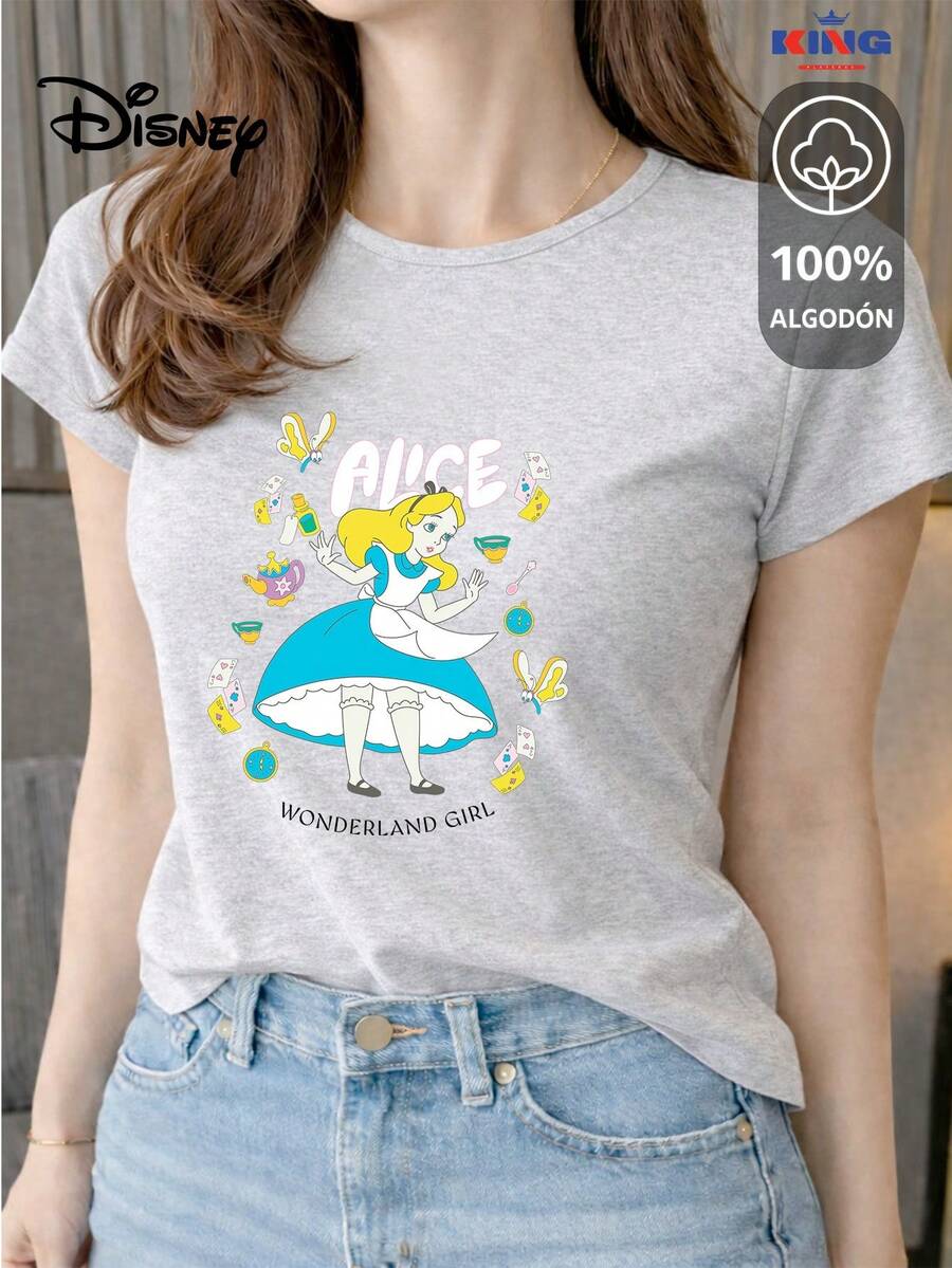 Women's T-Shirt Made Of 100% High-Quality Cotton, This T-Shirt Guarantees Exceptional Softness To The Touch, Round Neck With "Disney Alice Journey" Print And Short Sleeves - 淺灰色 - 查看 1