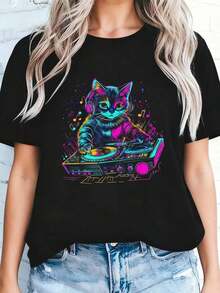 Men's Pure Cotton T-Shirt With Cat Graphic Design, DJ Techno EDM Rave Style, For Cat Lovers - 黑色 - 查看 4