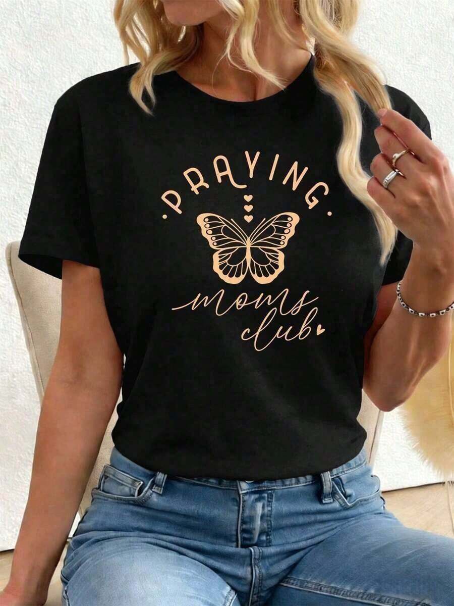 100% Cotton T-Shirt "Praying Moms Club Butterfly" 100% Cotton, Round Neck, Loose Fit, Comfortable, Artistic Print, G 100% Cotton Women's Simple Solid Color T-Shirt, Loose And Slim Fit Casual Short Sleeve - 黑色 - 查看 1