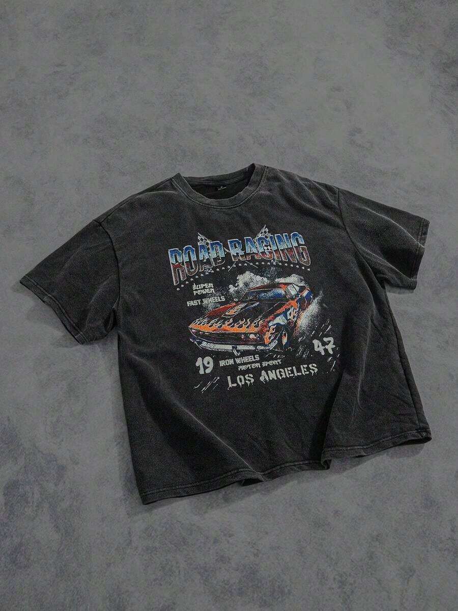 Camiseta de manga corta casual de verano para hombres con estampado gráfico de letras y autos, para amigos - Gris Oscuro - Ver 1
