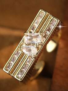 1pc Punk Style Concave Geometric Zirconia Gold-Plated Couple Ring, Suitable For Birthday, Date, Graduation, Party Wear, Copper Women Accessory Gift - 1# - View 6