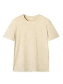 Casual Short Sleeve T-Shirt With Letter Print And Drop Shoulders For Summer - Unisex Vintage Urban Style, Loose Fit, Cotton, Round Neck, Blouses For Women. Casual Blouses For Ladies. - 杏色 - 查看 5