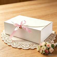 3 Sizes Available, White Gift Box With Lid & Blue Ribbon, Paper Invitation Gift Box For Bridesmaids, Suitable For Wedding, Birthday, Christmas, Party Favors - View 3