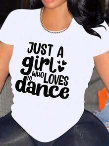 Women's Casual Fitted T-Shirt With "Just A Girl Who Loves To Dance" Print, Breathable And Comfortable, Short Sleeve, Round Neck, Heart Print, Soft Cotton, Perfect For Everyday Wear And Dance Classes, Urban Style - 白色 - 查看 1