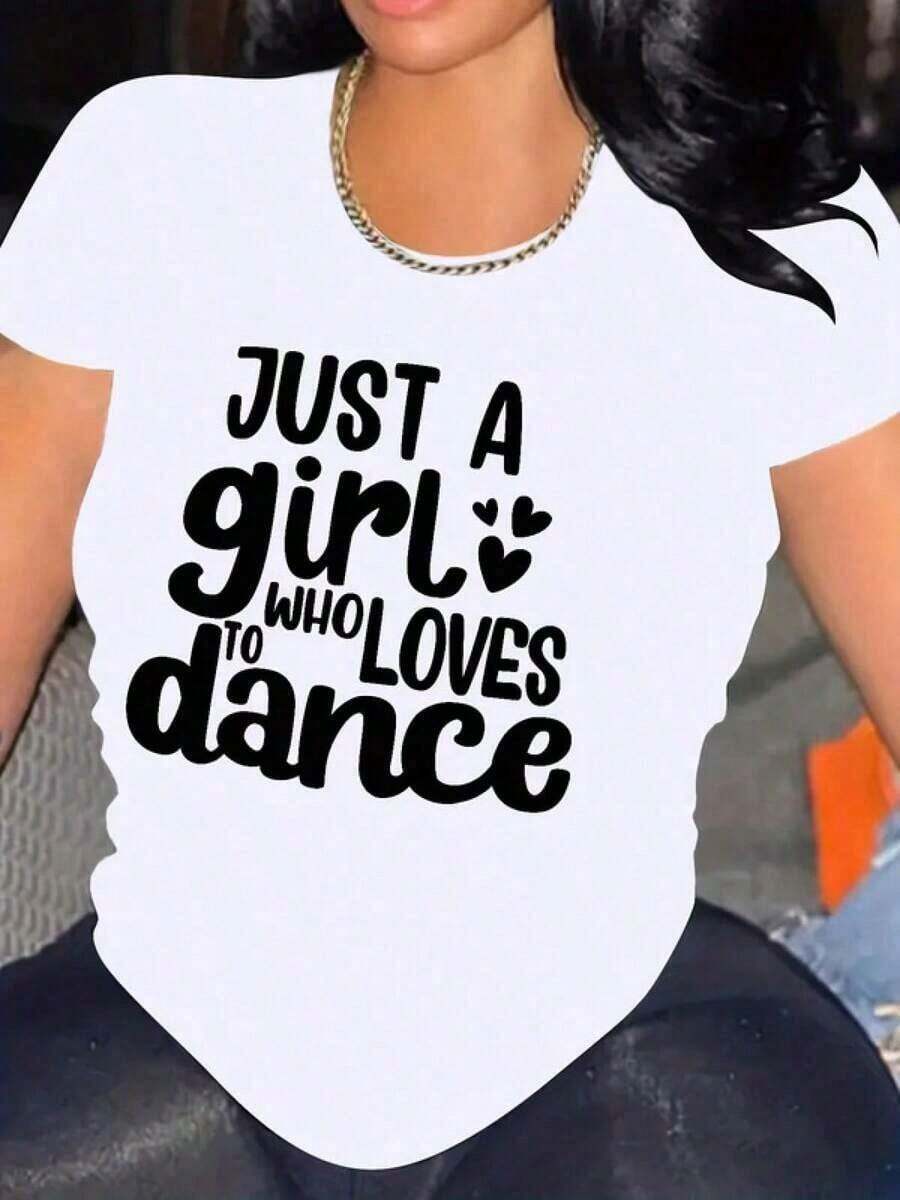 Women's Casual Fitted T-Shirt With "Just A Girl Who Loves To Dance" Print, Breathable And Comfortable, Short Sleeve, Round Neck, Heart Print, Soft Cotton, Perfect For Everyday Wear And Dance Classes, Urban Style - 白色 - 查看 1