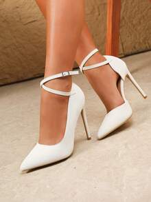 Sexy & Fashionable White Pointed Toe High Heels With Strap Detailing, 12cm, For Women's Spring & Autumn Outfits Valentines,Elegant,Party,Stiletto Heels - Beige - View 3