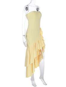 Sleeveless Knit Maxi Dress With Ruffles, Elegant And Sensual Bustier Spring Summer Fashion - Yellow - View 5