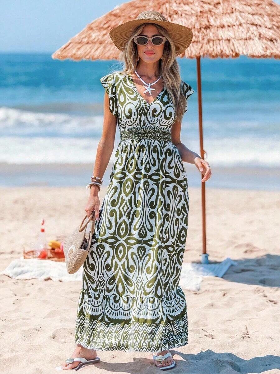 Vestido largo de línea A con mangas de campana, cintura con cordón y dobladillo con volantes, estampado de colocación, vestido de vacaciones informal para mujer - Multicolor 4 - Ver 1
