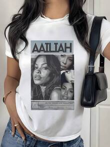 Retrato artístico en tonos grises que expresa fuerza femenina y melancolía con detalles minimalistas y tipografía moderna camiseta de mujer casual moderna para uso diario - Blanco - Ver 8