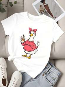 Women's Casual Loose Fit T-Shirt With 'Duck Mama' Print And Coffee Graphic And Peace Symbol For Everyday Wear And Maternity Style - 白色 - 查看 2