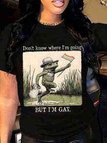 1 Piece Of Women's Short-Sleeved T-Shirt With Round Neck, Loose And Casual Fit, With Graphic Print Of A Frog Holding A Rainbow Flag And A Bag With The Phrase "But I'm Gay", Ideal For Everyday Use In Summer, Soft To The Touch. - 白色 - 查看 7