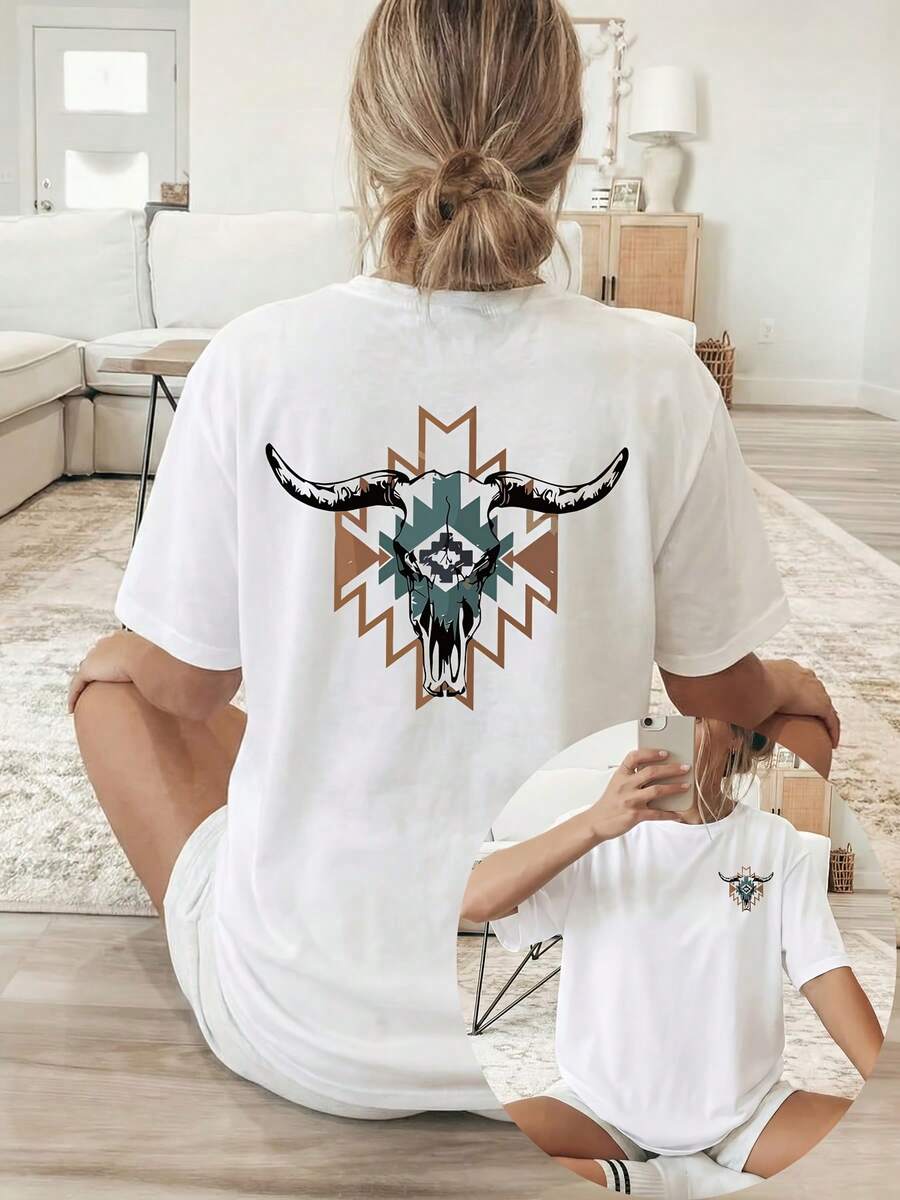 [Double-Sided Printing] Women's Loose Casual Clothing, Spring/Summer, Short-Sleeved T-Shirt With Round Neck And Geometric Cow Skull Print. - 白色 - 查看 1