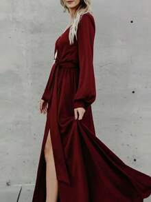 Long, Plain Dress With A Deep V-Neck, New Season European Style, Elegant, Best-Selling Women's Party Dress. - 紅色 - 查看 3