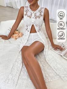 Đầm ren khoét rỗng màu trắng, đầm dài kiểu bohemian xẻ tà, thích hợp cho lễ Phục sinh và kỳ nghỉ hè. - trắng - Xem 3