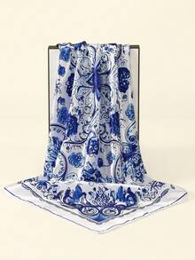 1pc Women's 2026 Spring/Summer Fashion Regal Geometric Satin Print Headscarf/Bandana, Versatile Daily Wear - White and Blue - View 9